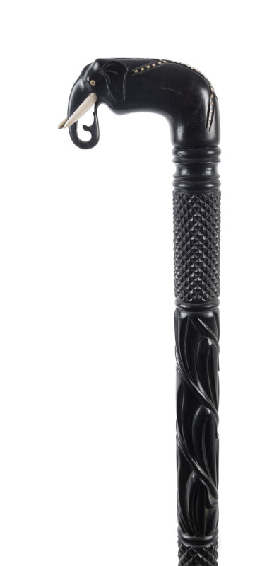 A walking stick, elephant handle, ebony with ivory inlay, Indian, 19th century