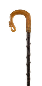 A shepherd's crook, carved horn thistle handle with blackthorn shaft, Scottish, circa 1830