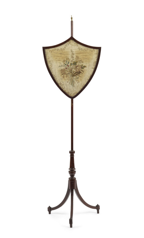 An English banner pole, mahogany with embroidered shield, 19th century