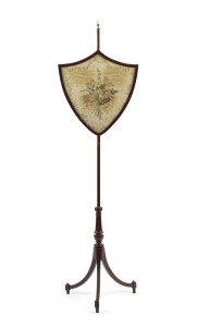 An English banner pole, mahogany with embroidered shield, 19th century