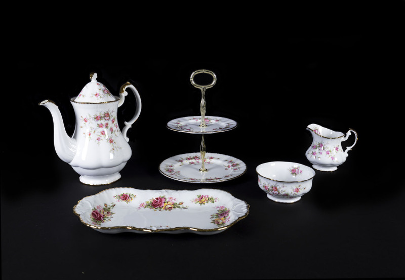 Paragon porcelain teapot, milk jug, sugar bowl and cake plate together with an Old Foley tray, 20th century