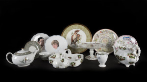 English porcelain teapots, strawberry dish, comport, teaware and plates, Wedgwood, Minton, Hammersley and Royal Albert. 20th century.