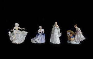 Four Royal Doulton figurines, "Beat You To It" (HN2871), "Bride" (HN2873), "Sweet Seventeen" (HN2734), "Happy Anniversary" (HN3097)