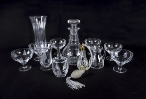 STUART CRYSTAL Seven piece fern patterned decanter set, milk jug, sugar bowl, 2 vases and a perfume atomizer. 20th century