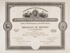 1906 Milan International Exposition: Bronze Award certificate bestowed upon ANTE MARMIROLI, Meccanico, of Italy; in the Section Posts, Telegraphs & Meteorology.  39 x 53cm.Among other events, the 20km Simplon Tunnel connecting Italy and Switzerland throug