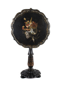 A tilt-top wine table, ebonized papier mache with hand painted finish, circa 1825