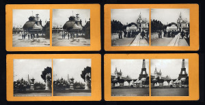1900 Exposition Universelle de Paris: STEREO VIEWCARDS: The series "Collection Stéreoscopique, Félix Potin": a part set of 27 different, the stereoscopic photographs in b/w showing views of the Universal Exhibition 1900 in Paris, mounted on uniform, stiff