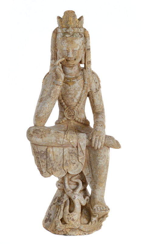 A Chinese seated Guanyin, polychrome carved marble, 19/20th century