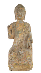 A Chinese seated Buddha statue, polychrome and carved marble, 19/20th century
