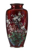 A Japanese cloisonné vase, pigeon blood and silver, 20th century, eight character mark to base