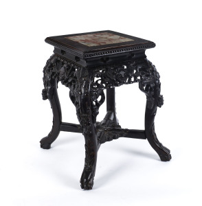 A Chinese pedestal or pot stand, carved wood and rouge marble, 19th century