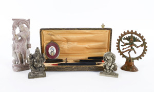 Four Hindu statues, miniature Mughal portrait on ivory and French art deco pen set