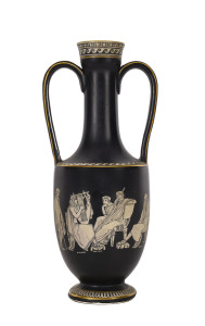 A Greek patterned amphora shaped vase, late 19th centurypictorial trade mark stamp of a discus thrower