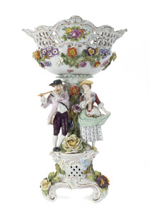 A Dresden floral porcelain encrusted figural centrepiece, 19th century 49.5cm high