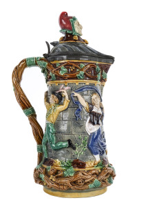 MINTON Majolica "Tower" jug, pewter mounted with jester finial, designed by Hugues Protat, circa 1870s 