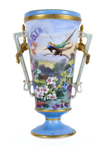 A French porcelain vase with hand painted floral bird scene in landscape, mid 19th century