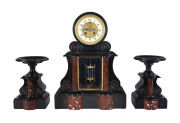 A French three-piece clock set, rouge marble and slate, 19th century