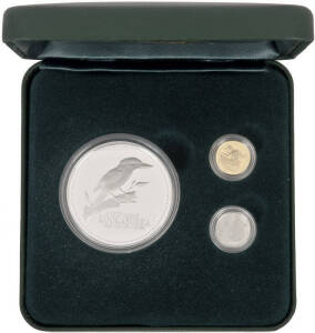 2002 Perth Mint, Family of Precious Metals, cased set of 3, Mini Outback collection with 1oz silver, 1/20oz gold and 1/20oz platinum. No. 177/750.