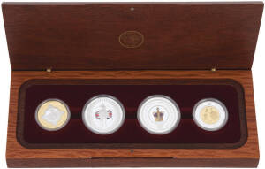 2002-03 Queen Elizabeth II Golden Jubilee cased set of 4. 1952-2002 Accession and 1953-2003 Coronation, both with a $1.00, 1oz silver coin and Bi-Metal gold & silver $20 coin. In a superb jarrah presentation case with certificate '0052'. Cat.$3170.