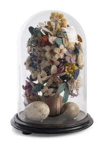Australian woolwork floral arangement in glass dome including bird eggs, Melbourne, circa 1890