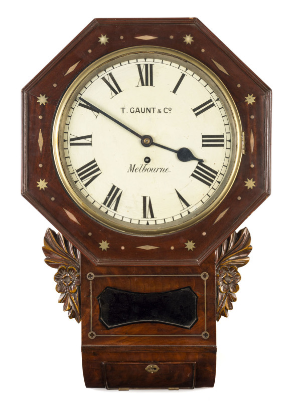 T. GAUNT & Co. Wall clock with fusee movement in cedar and mogany case, 19th century, dial marked "T. GAUNT, MELBOURNE", with key and pendulum