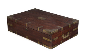 A Colonial campaign writing box, circa 1835 brass bound with inset swing handles (one damaged) interior fitted with pen tray and bottle holders