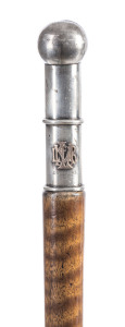 A fox hunting walking stick, silver handle with rose gold monogram and fiddleback blackwood shaft, early 20th century