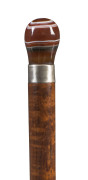 A walking stick with agate handle, silver collar and fiddleback blackwood shaft, late 19th century