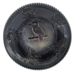 Carnival glass Kookaburra and Waratah cobalt float bowl, circa 1932