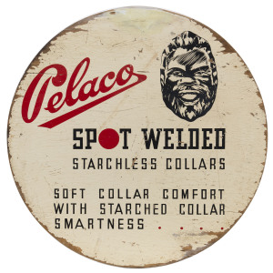 PELACO "Spot Welded Starchless Collars", circa 1950, painted plywood point-of-sale advertisement featuring the face of "Pelaco Bill",38.5cm diameter