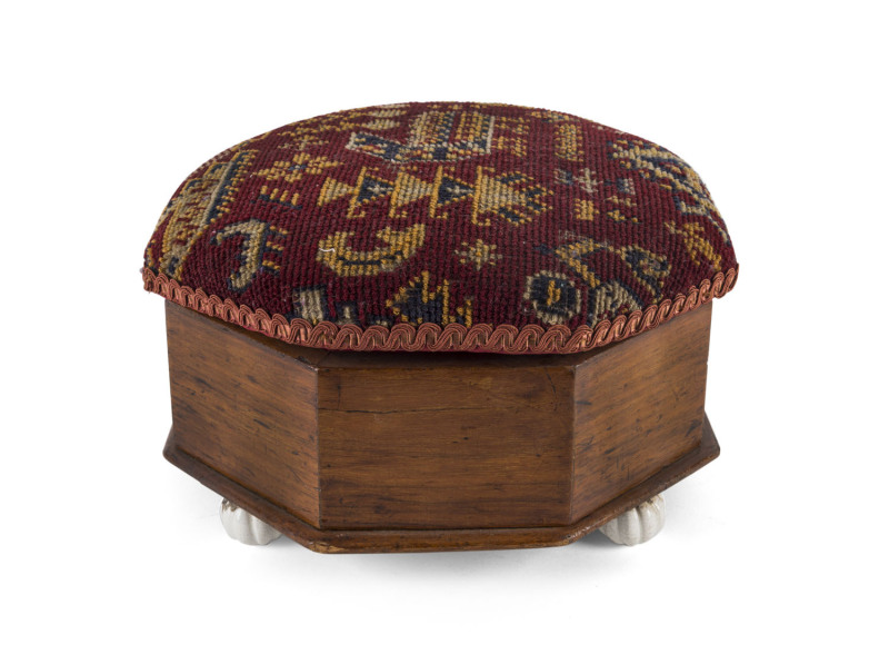 A sewing tidy ottoman, Australian cedar with porcelain bun feet, circa 1870