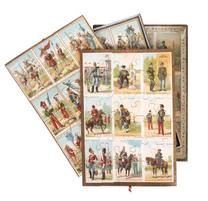 EARLY JIGSAW PUZZLE [France, c1890] Oblong box of very thick card, the lid with superb paste-down illustration depicting 9 types of uniformed soldiers. The box contains 3 chromolithographic panels pasted onto wood and cut into jigsaw puzzles, with each pu