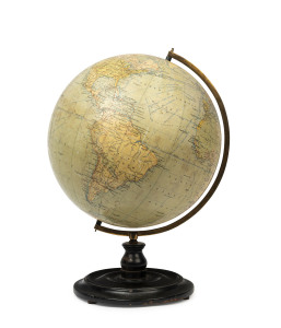 "Philips 12 Inch Terrestrial Globe" with brass fittings on ebonised turned wooden base, circa 1920