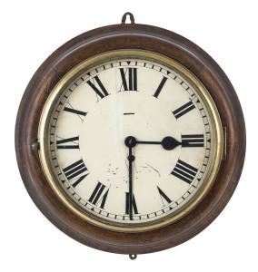 An antique English wall clock, oak case with brass bezel, enamel dial with Roman numerals, 19th century