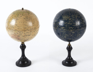 A "Philips 6 Inch Celestial Globe" and "Philips 6 Inch Terrestriall Globe" on turned wooden stands, early 20th century