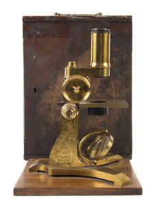 T. GAUNT Brass microscope in timber box, engraved "T. GAUNT OPTICIAN, MELBOURNE, No.2C, 133", 19th century