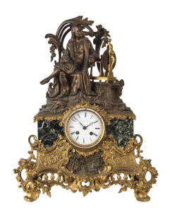 A French figured mantle clock, ormolu and vert marble adorned with bronze figure of a scientist, 19th century