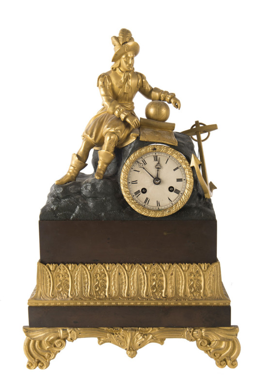 A French figured mantle clock of the explorer, bronze and ormolu, 19th century