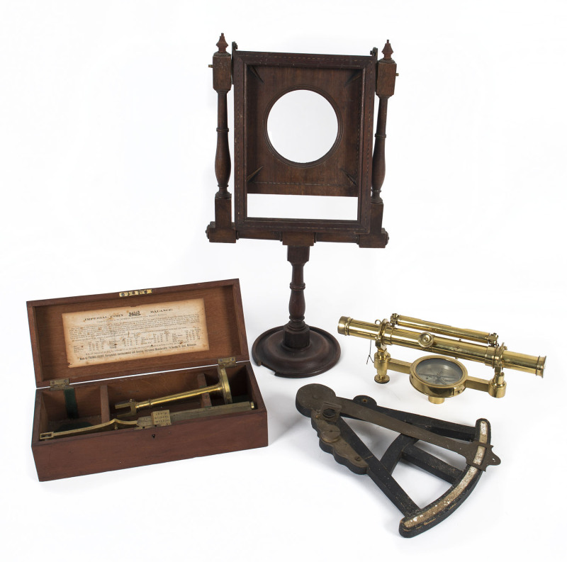 Group of four scientific instruments (incomplete), zograscope, Imperial Coin Balance, octant and Ebsworth theodolite, 19th century