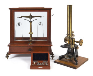 Scientific balance scales, boxed weights and antique brass microscope, 19th and 20th century