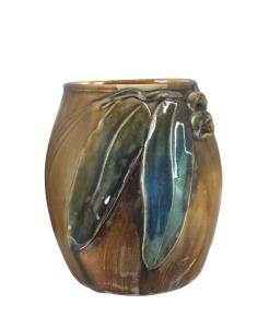 REMUED Pottery vase with applied gumnuts and leaves glazed in blue and green on brown