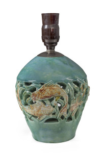HARVEY SCHOOL pierced pottery table lamp with fish decoration by Frida Hein