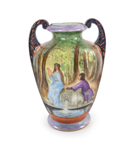 Red Cross Handicraft Exhibition Australia 1925 First prize winning porcelain vase with hand painted Pre-Raphaelite scenes signed "K. W. M. '25" with accompanying winners tag presented to "Miss MALONE"