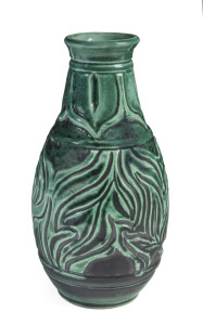 KLYTIE PATE Baluster shaped green glazed pottery vase with incised decoration