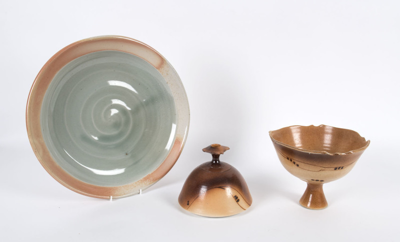 DOUG ALEXANDER Brown glazed ceramic vase and bowl, together with a Valley Plains pottery charger by Zak Chalmers