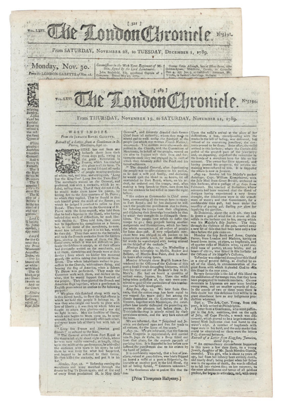 D'ARCY WENTWORTH: THE LONDON CHRONICLENovember 19-21 & 28-December 1: The lengthy saga of Wentworth's legal battle is covered in both these editions. There are also interesting articles from the Jamaica Royal Gazette "...There has not been any busines don