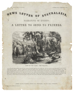 "The NEWS LETTER OF AUSTRALASIA or Narrative of Events; A Letter to send to Friends. No. VIII - February 1857" cover sheet, printed by W.H.Williams & published by George Slater, Melbourne & Sandhurst; depicts "A View on the Yarra - The Willows"; engraved 