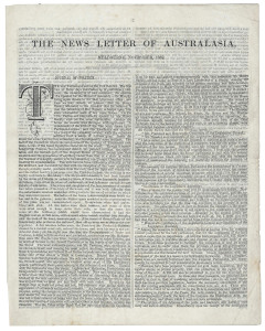 "THE NEWS LETTER OF AUSTRALASIA. MELBOURNE, NOVEMBER, 1859' complete 4-page edition, printed & published at "The Herald" Office; with lengthy coverage of the new Parliament following elections, ("Measures have been prepared to amend our gold fields legisl