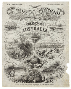 "NEWS LETTER OF AUSTRALASIA. A Narrative to send to Friends. No.42 - Feb.1860" cover sheet, printed and published at "The Herald" Office, Melbourne; depicting "A day on the sands: Queenscliffe", a cricket match, swimming in the Yarra, a horse race, a rowi