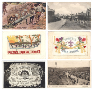 POSTCARDS: Collection of predominantly WW1 period and related postcards including Australian hospital ships, soldiers, tanks, 57th Battalion A.I.F and embroidered souvenirs from The Great War (approx 80)